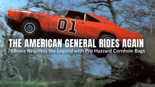 69 RT Dodge Charger – Stunt car jump – 80's classic Hazzard tribute – American muscle – 76Brave Cornhole bags