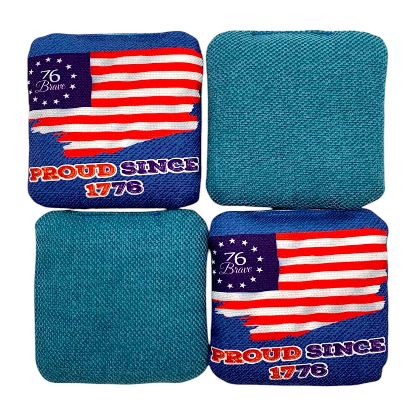 Betsy Ross Original carpet cornhole bags – front and back view – American Revolution flag design – speed 5/8