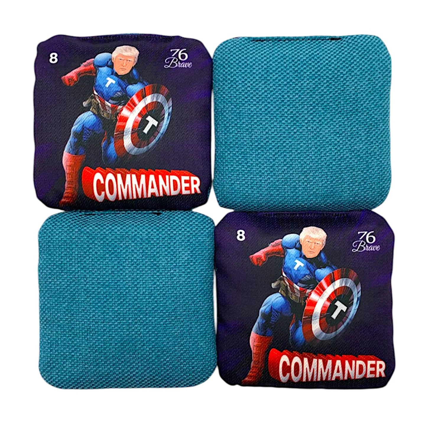 Commander Trump Patriot Blue Pro Carpet cornhole bags – front and back view – American President – speed 5/8