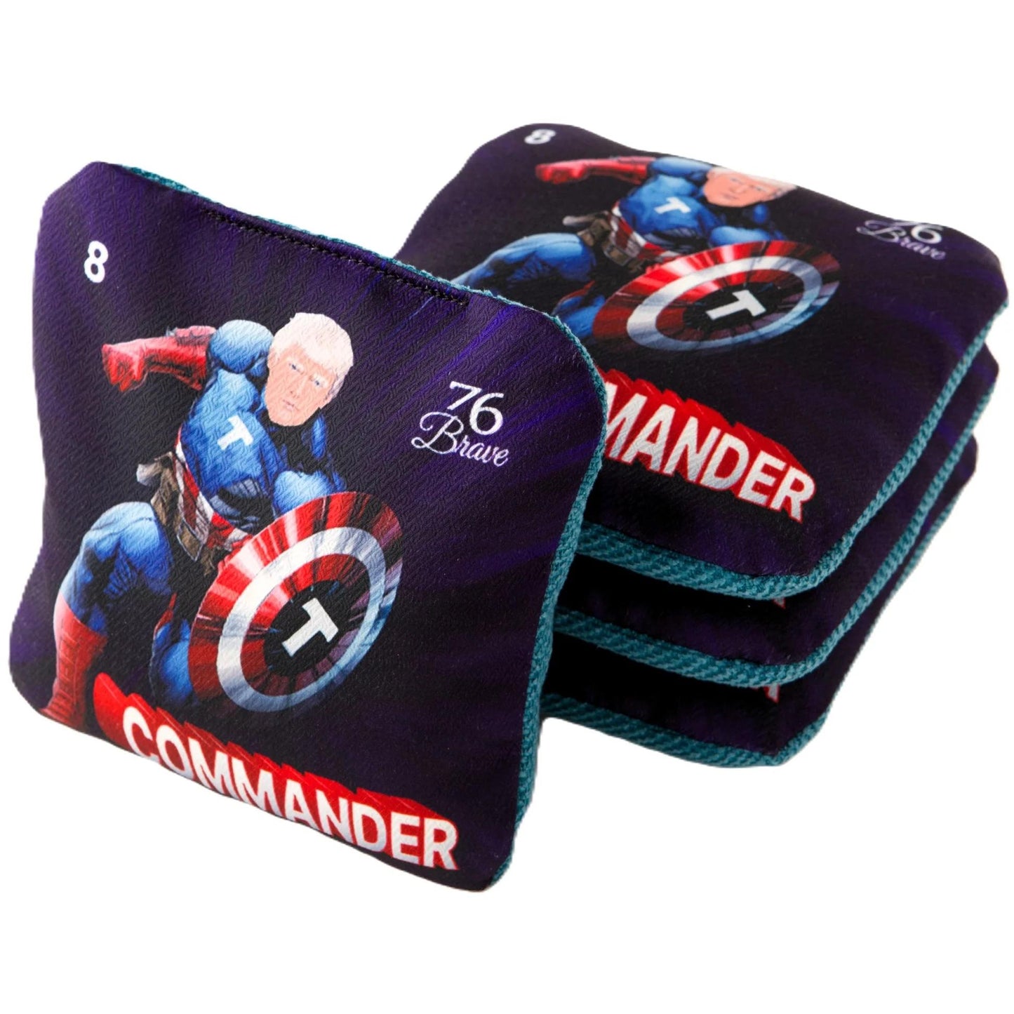 Commander Trump Patriot Blue Pro Carpet cornhole bags – front stack – American President – speed 5/8 – 76Brave Cornhole