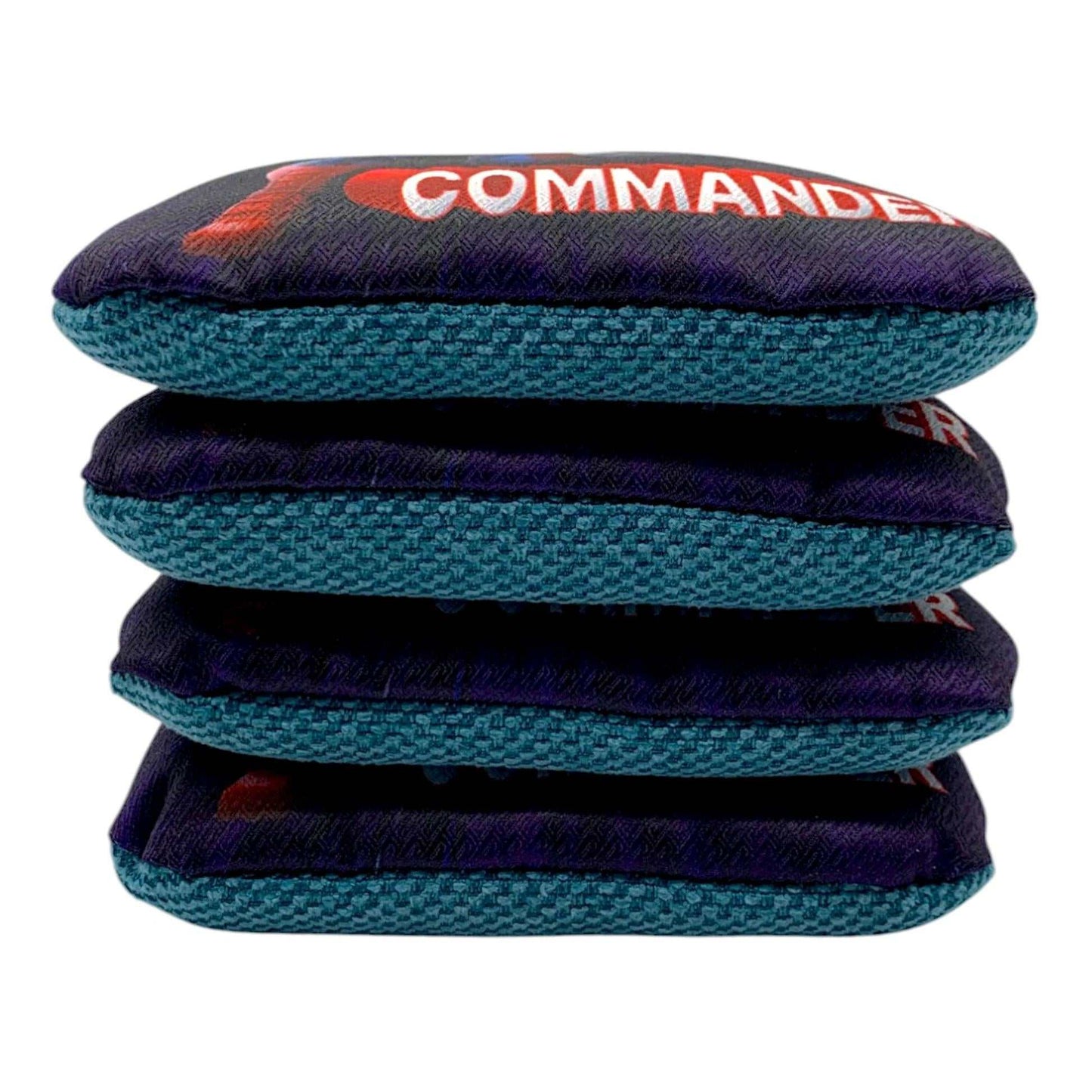 Commander Trump Pro Cornhole Bags Speed 5-8 Set of 4 – patriot blue design – side view – dual-sided carpet – 76Brave Cornhole