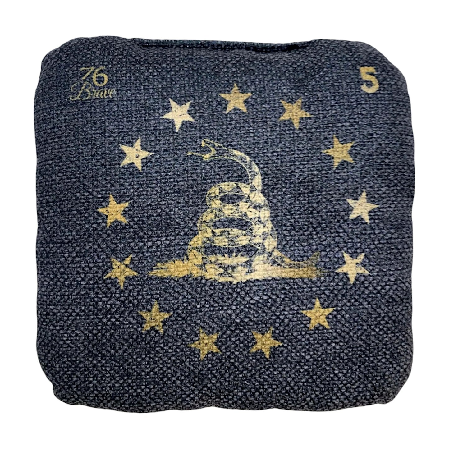 Gold Rattler Pro Power cornhole bags – back view – dual-sided set of 4 with Don't Tread on Me Gadsden design, speed 5/9