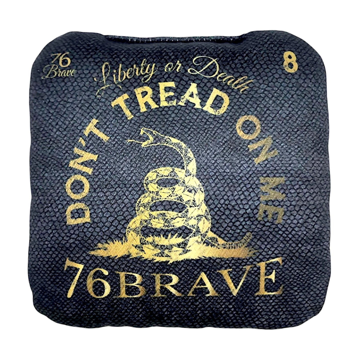 Gold Rattler Pro Power cornhole bags – front view – dual-sided set of 4 with Don't Tread on Me Gadsden design, speed 5/9 – 76Brave Cornhole
