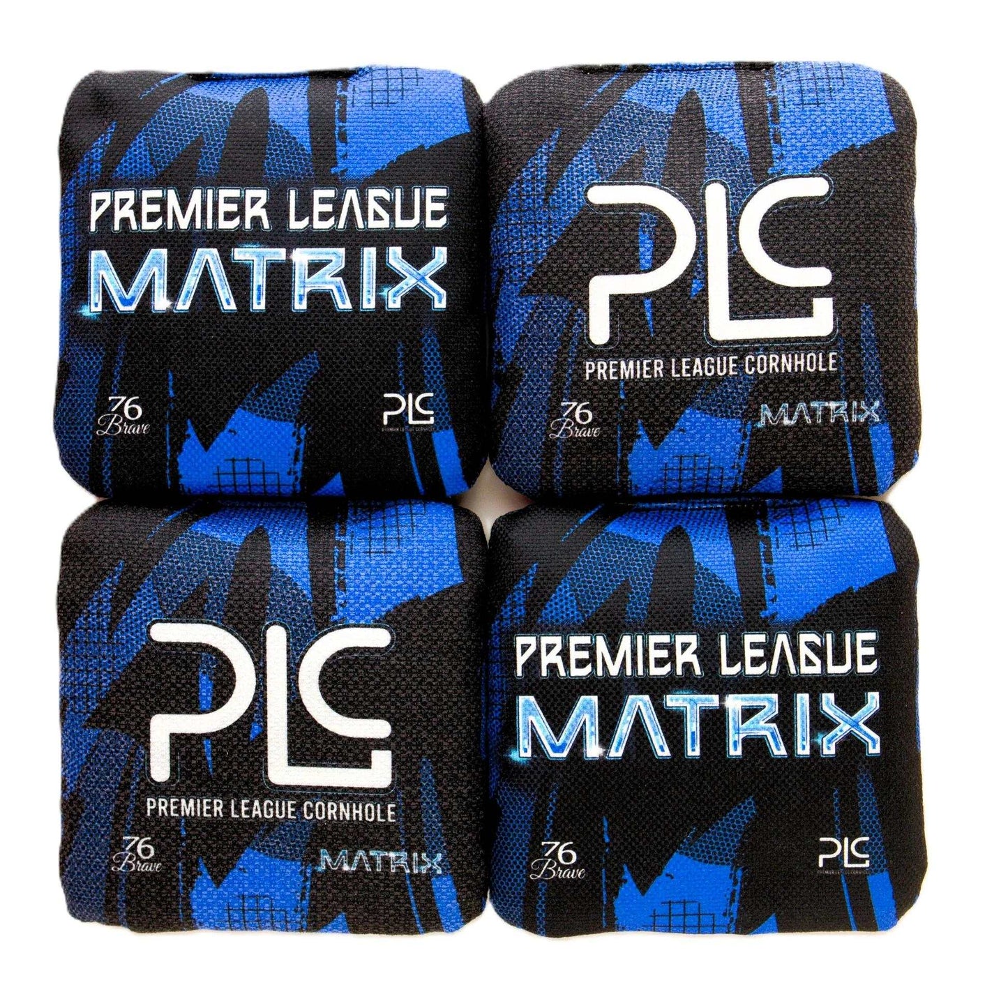 Matrix Pro Series PLC Premier League Cornhole Bags – front and back view – royal blue – dual-sided – Speed 5/7 – 76Brave Cornhole