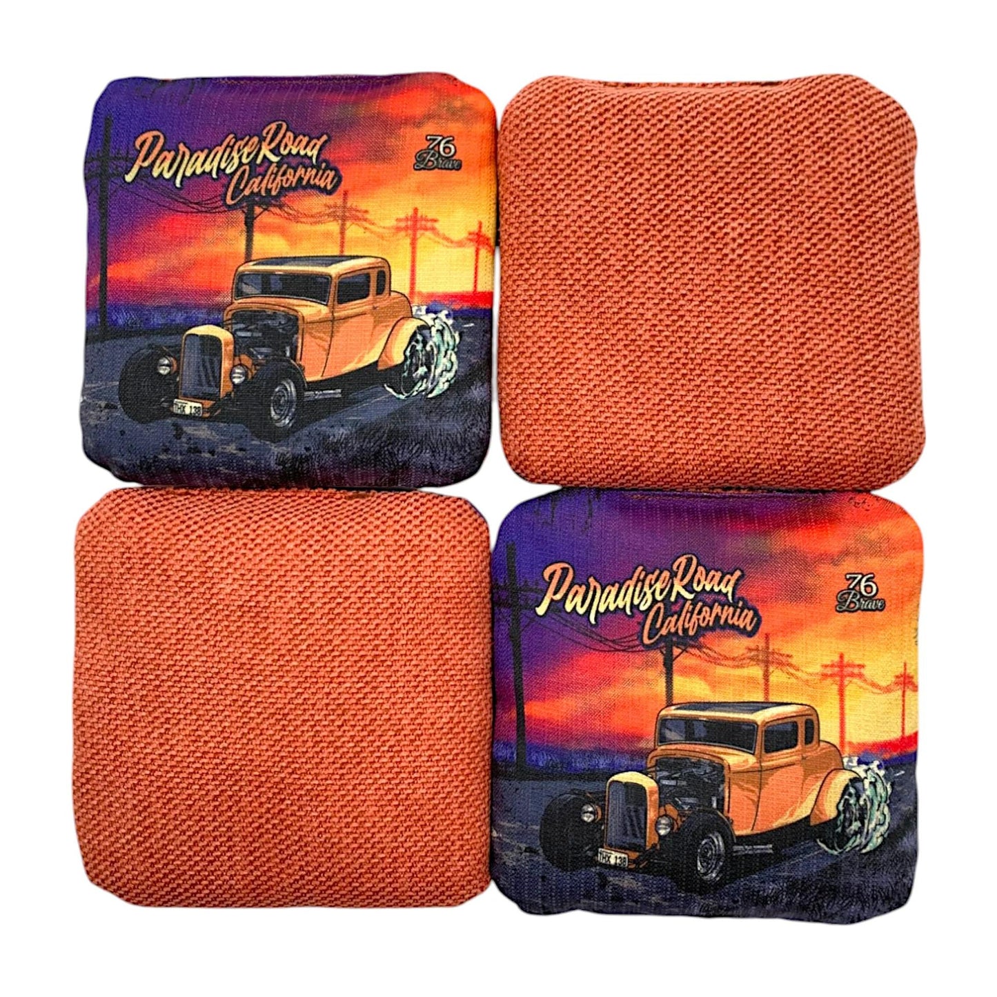 Paradise Road carpet cornhole bags – front and back view – 32 Ford Coupe – original retro American classic – speed 5/7