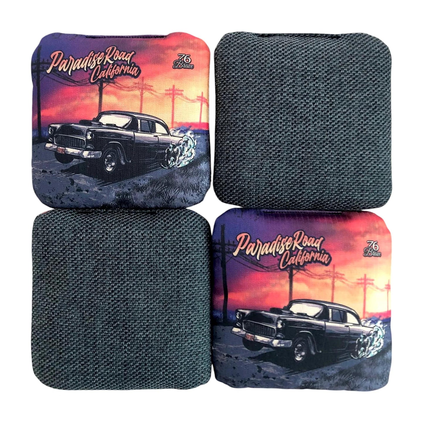 Paradise Road carpet cornhole bags – front and back view – 1955 Chevy – original retro American classic – speed 5/7
