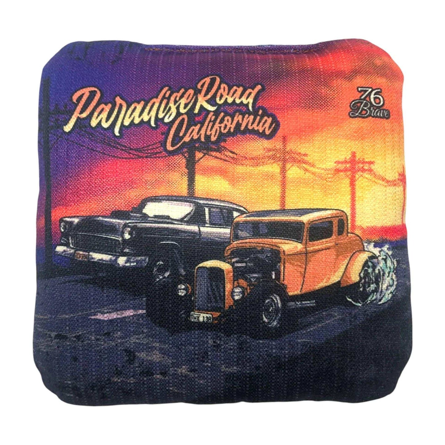 Drag Race cornhole bags – front view – Paradise Road design inspired by American Graffiti – Speed 5/8 – 76Brave Cornhole