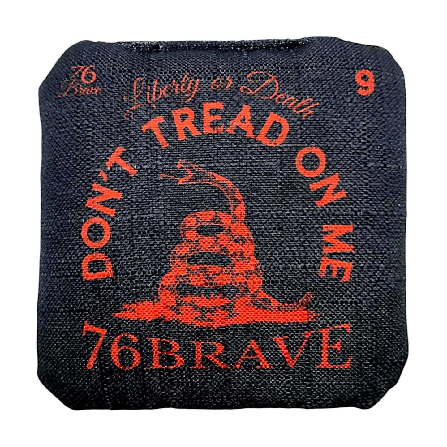 Red Rattler Pro Strike cornhole bags – front and font view – dual-sided – Gadsden flag design – Speed 5/9 – 76Brave Cornhole