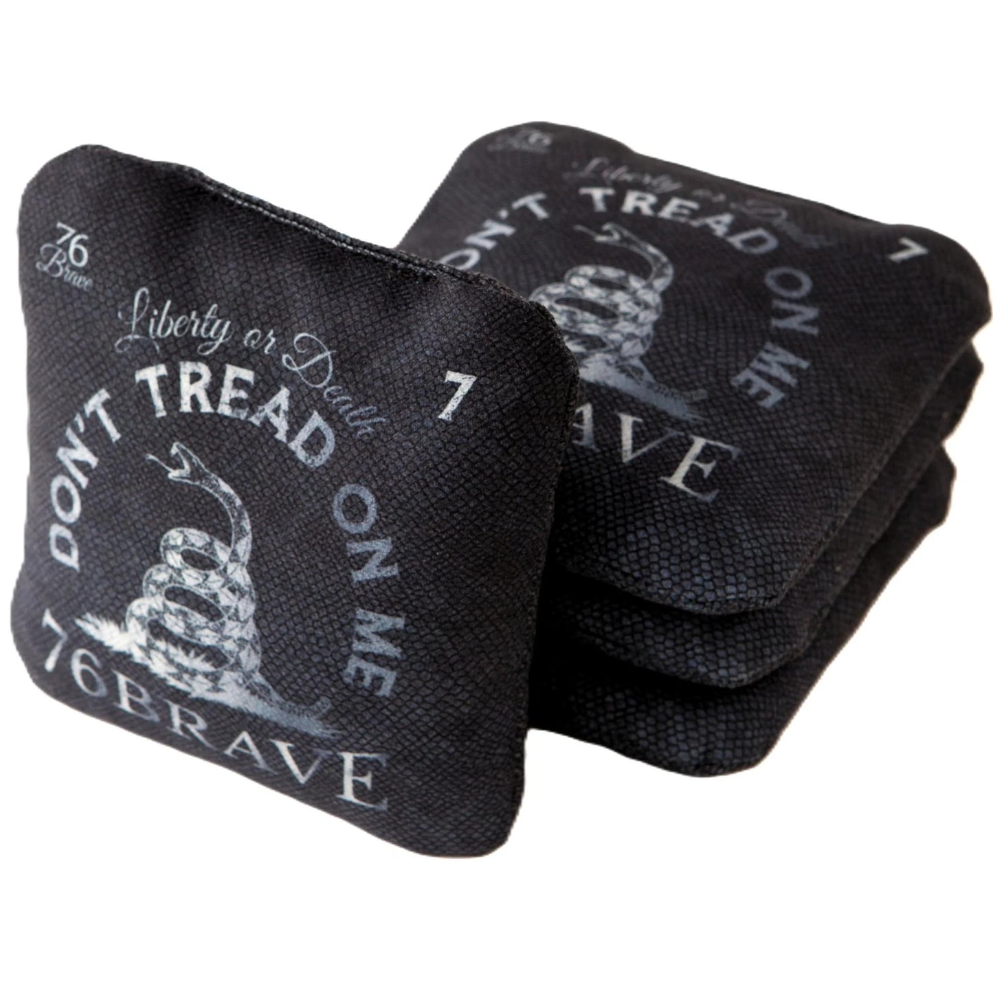 Silver Rattler Pro Control cornhole bags – front stack – dual-sided set of 4 with Don't Tread on Me Gadsden design, speed 5/9 – 76Brave Cornhole