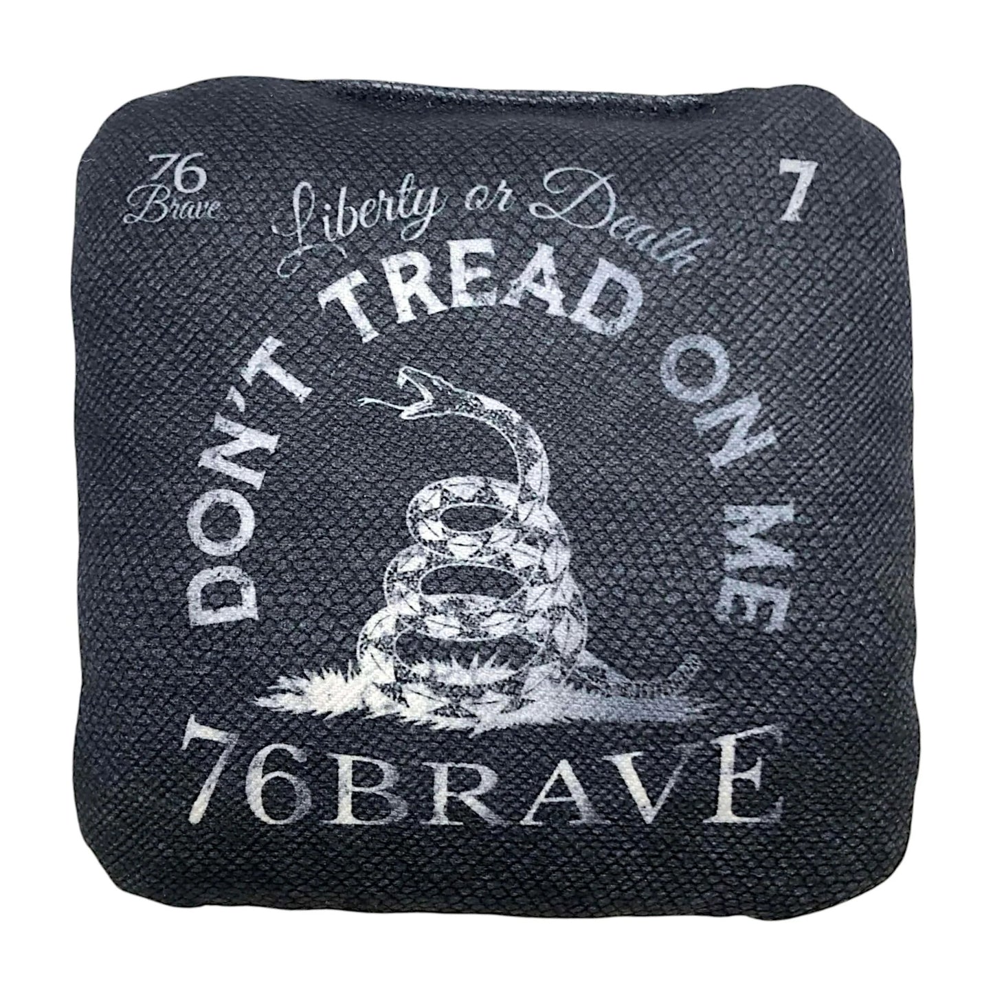 Silver Rattler Pro Control cornhole bags – front view – dual-sided set of 4 with Don't Tread on Me Gadsden design, speed 5/9 – 76Brave Cornhole