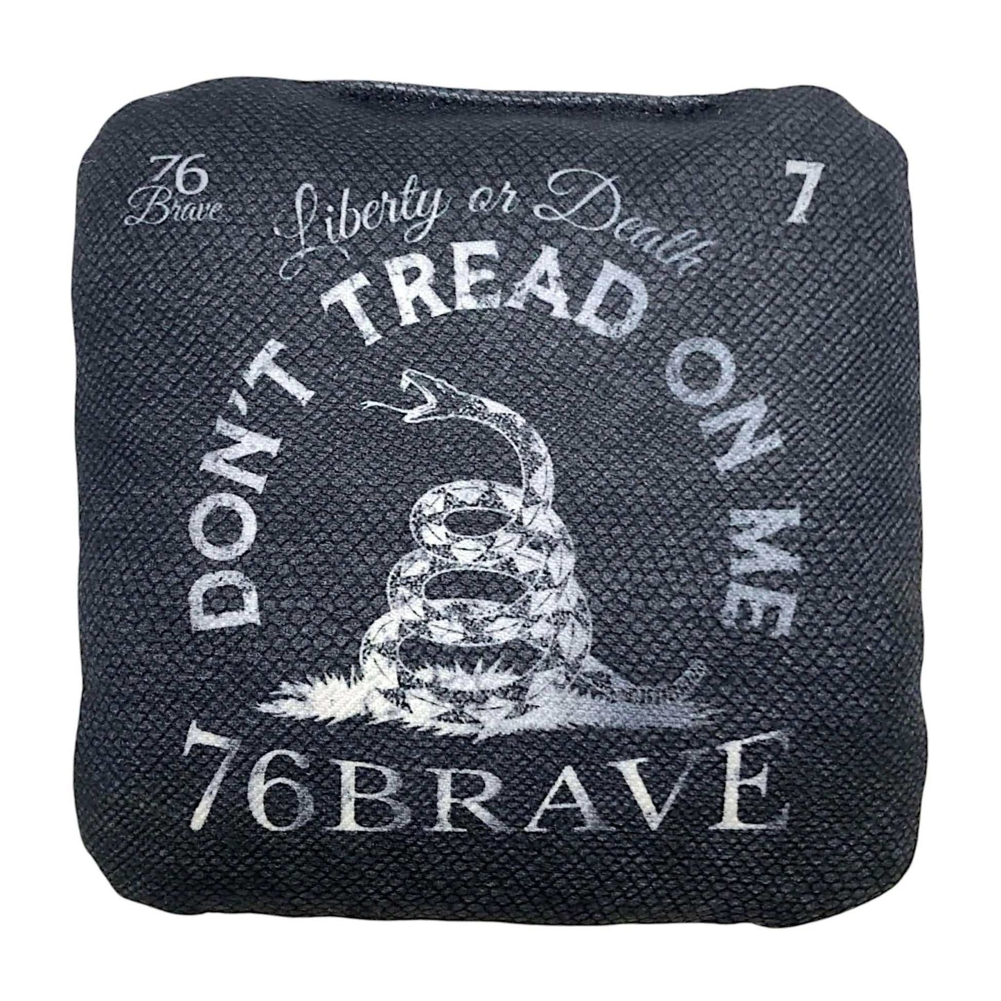 Silver Rattler Pro Control Cornhole Bags – front view – dual-sided – Gadsden flag design – Speed 4/7 – 76Brave Cornhole