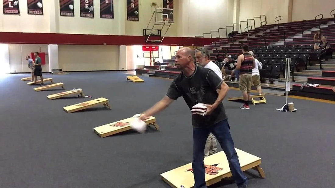 How to throw a flat cornhole bag – front view – grip and release technique – pro-level spin – 76Brave Cornhole