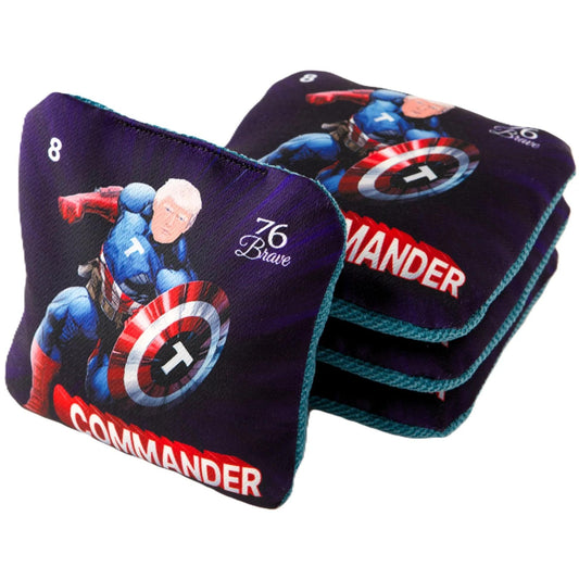 Commander Trump Patriot Blue Pro Carpet cornhole bags – front stack – American President – speed 5/8 – 76Brave Cornhole