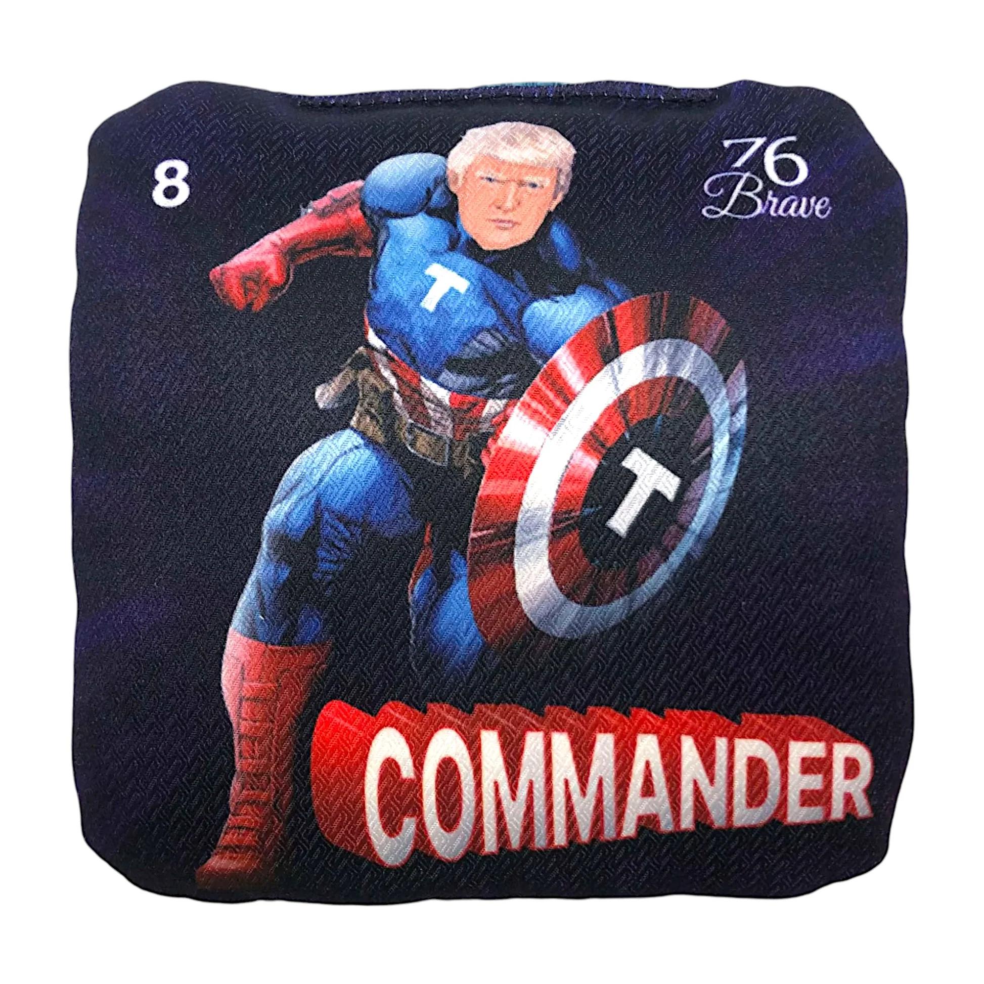 	Commander Trump Patriot Blue Pro Carpet cornhole bags – front view – American President – speed 5/8 – 76Brave Cornhole