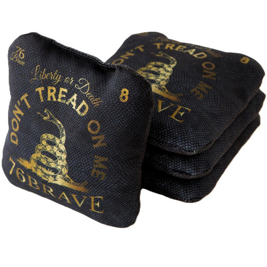 Gold Rattler Pro Power cornhole bags – front stack – dual-sided set of 4 with Don't Tread on Me Gadsden design, speed 5/9 – 76Brave Cornhole