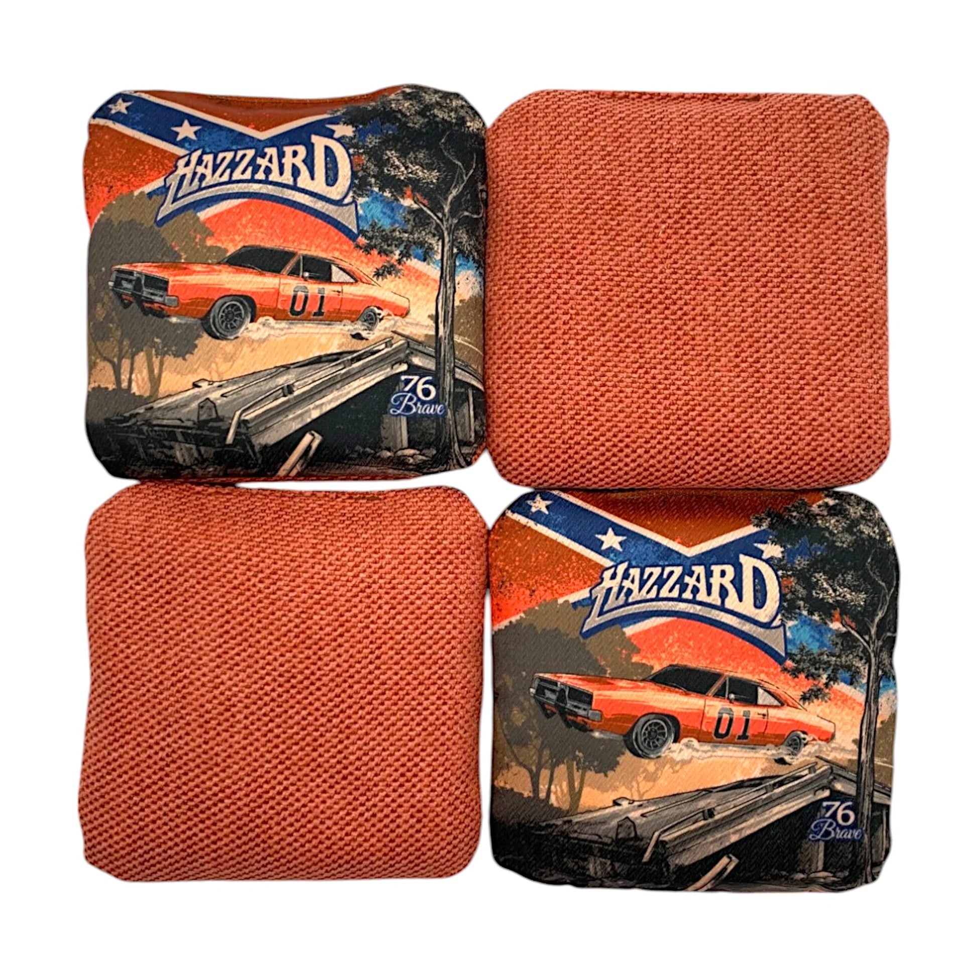 Hazzard Premium Pro cornhole bags – front and back view – 1969 Dodge Charger muscle car – speed 5/8