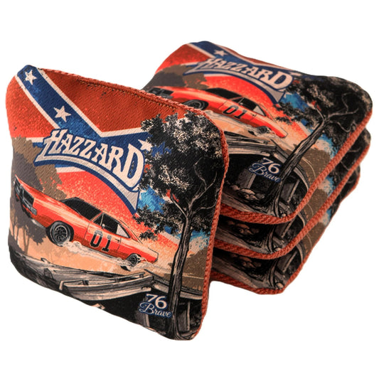 Hazzard Premium Pro cornhole bags – front stack – 1969 Dodge Charger muscle car – speed 5/8 – 76Brave Cornhole