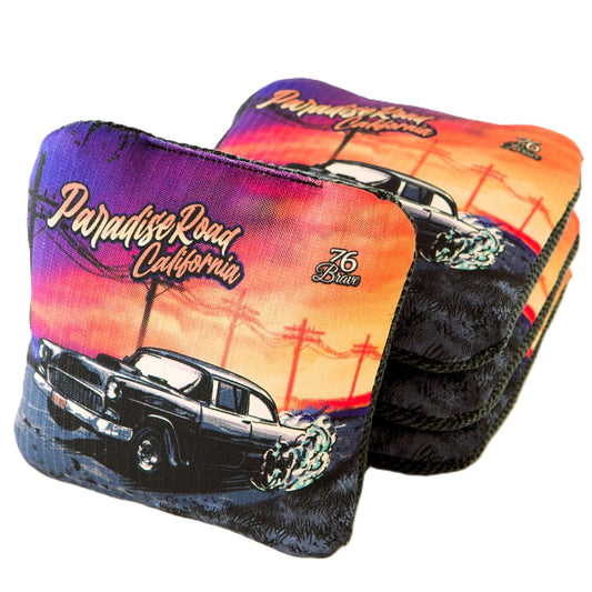 Paradise Road carpet cornhole bags – front stack – 55 Chevy – American Graffiti – speed 5/7 – 76Brave Cornhole