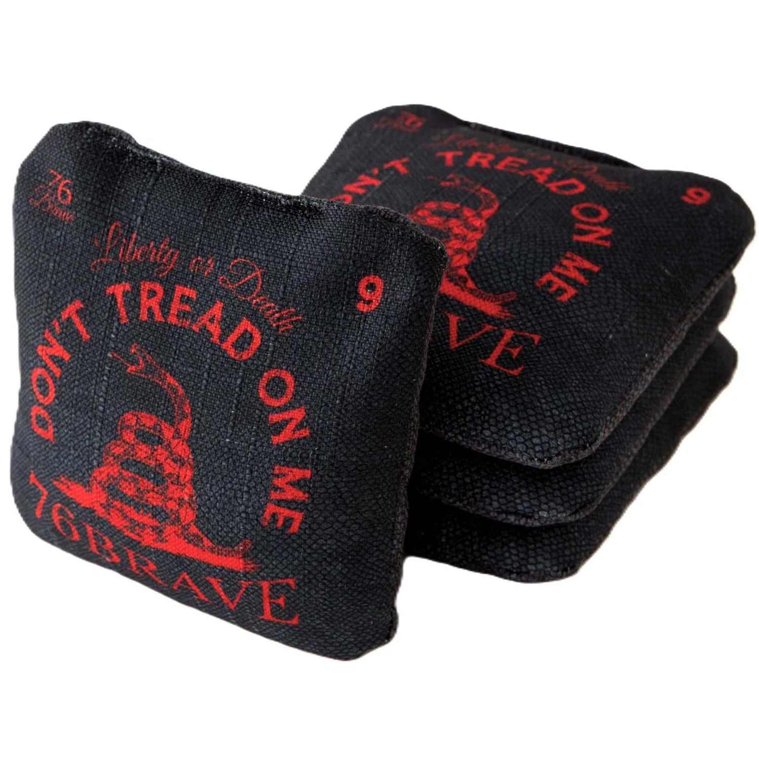 Red Rattler Pro Strike cornhole bags – front stack – dual-sided – Gadsden flag design – Speed 5/9 – 76Brave Cornhole