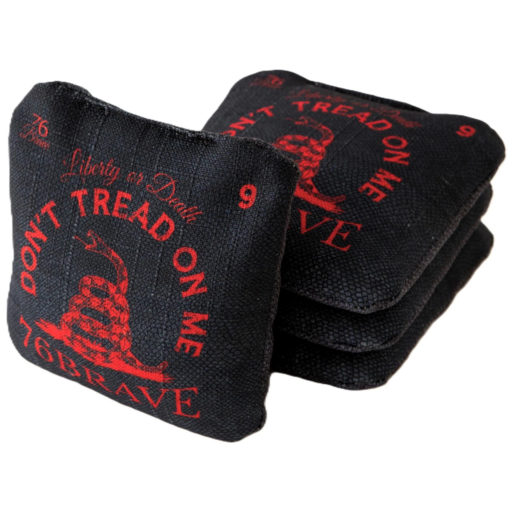 Red Rattler Pro Strike cornhole bags – front stack – dual-sided set of 4 with Don't Tread on Me Gadsden design, speed 5/9 – 76Brave Cornhole