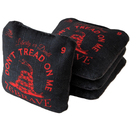 Red Rattler Pro Strike cornhole bags – front stack – dual-sided set of 4 with Don't Tread on Me Gadsden design, speed 5/9 – 76Brave Cornhole