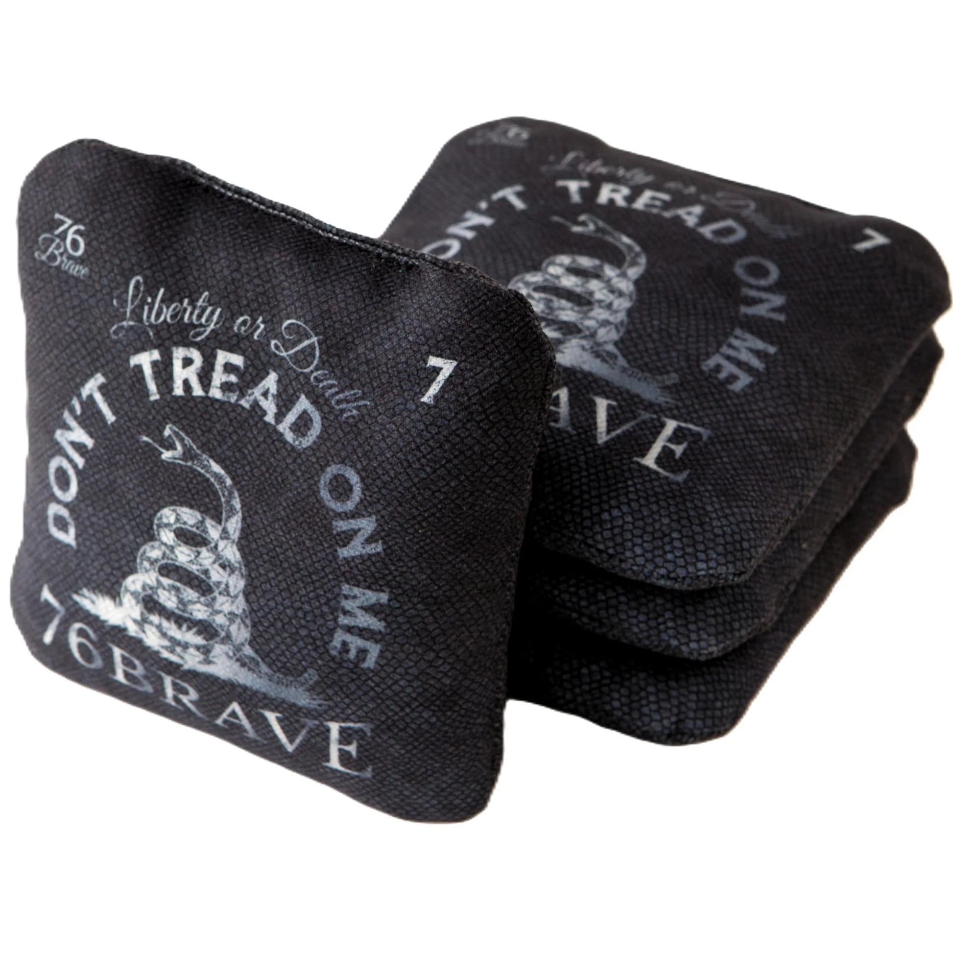 Silver Rattler Pro Control cornhole bags – front stack – dual-sided set of 4 with Don't Tread on Me Gadsden design, speed 5/9 – 76Brave Cornhole