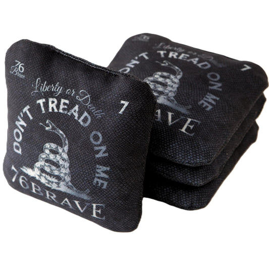 Silver Rattler Pro Control cornhole bags – front stack – dual-sided set of 4 with Don't Tread on Me Gadsden design, speed 5/9 – 76Brave Cornhole
