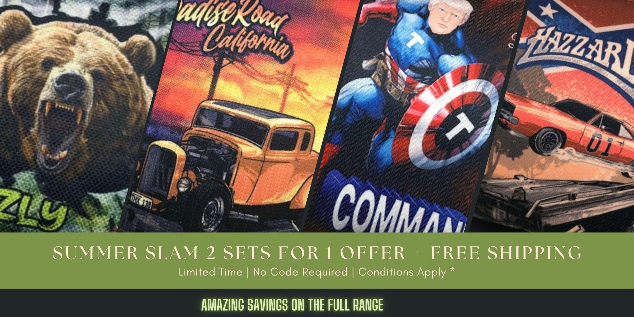Summer Slam 2 for 1 cornhole bag offer – Commander, Grizzly, Hazzard designs – free shipping – 76Brave Cornhole